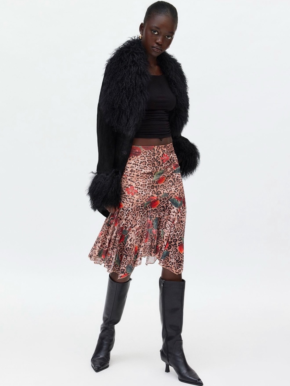 Urban Outfitters Red Floral Leopard A-Line Midi Skirt